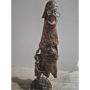 Turtle King Corp 15 Inch Tall African Lady with Boy and Vase Statue Sculpture